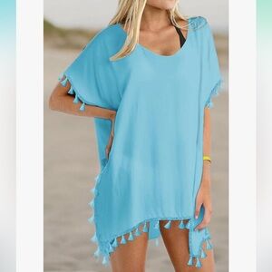 Women Beachwear Sky Blue Bikini Cover Up Swimsuit Dress  Chiffon Tassels NWT